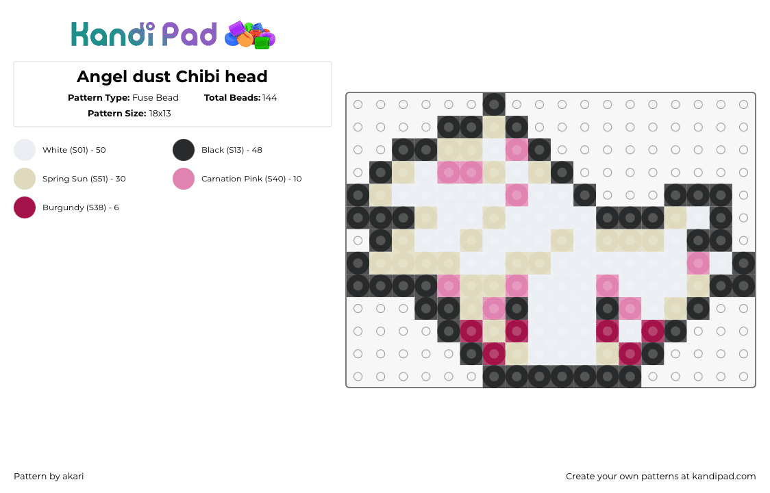 Angel dust Chibi head - Fuse Bead Pattern by akari on Kandi Pad - angel dust,hazbin hotel,helluva boss,head,chibi,white,pink