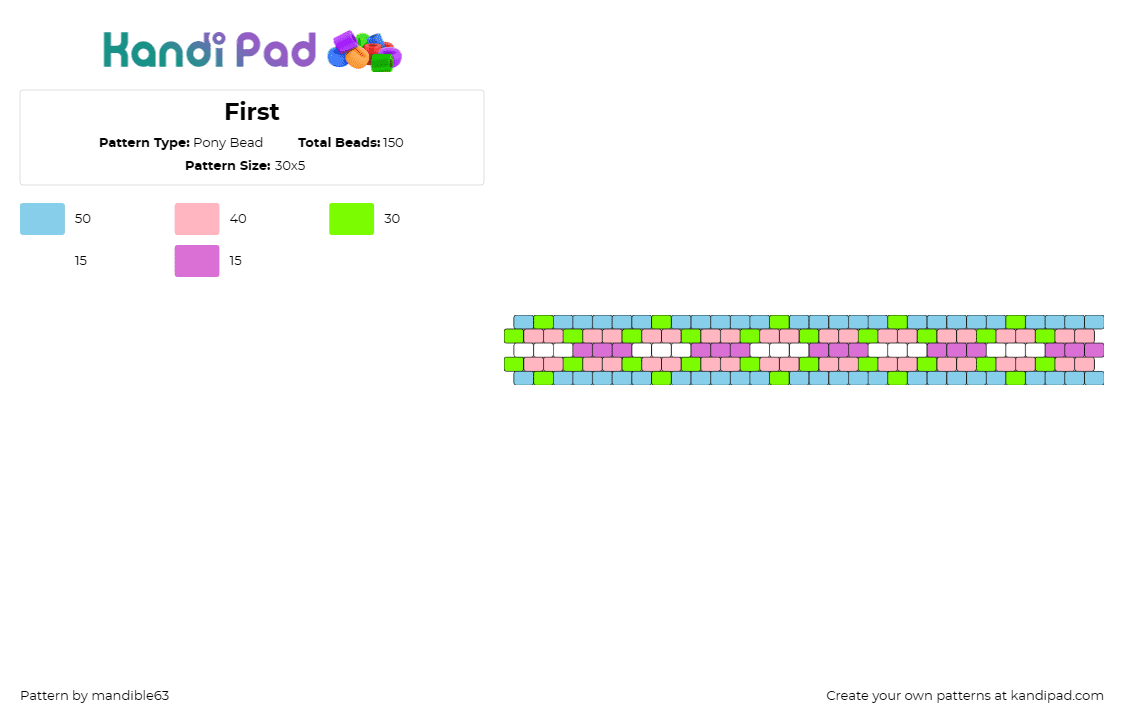 First - Pony Bead Pattern by mandible63 on Kandi Pad - spring,pastel,colorful,bracelet,cuff,repeating,light blue,green,pink