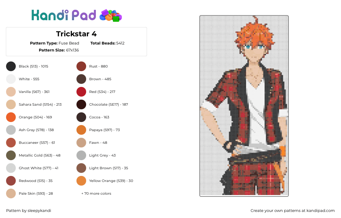 Trickstar 4 - Fuse Bead Pattern by sleepykandi on Kandi Pad - subaru akehoshi,trickstar,ensemble stars,character,music,band,anime,white,red,orange