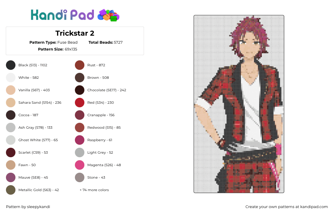 Trickstar 2 - Fuse Bead Pattern by sleepykandi on Kandi Pad - mao isara,trickstar,ensemble stars,character,music,band,anime,white,red