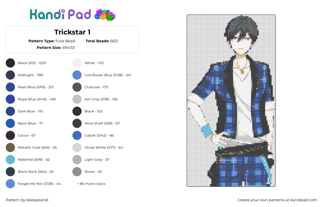 Trickstar 1 - Fuse Bead Pattern by sleepykandi on Kandi Pad - hokuto hidaka,trickstar,ensemble stars,character,music,band,anime,white,blue