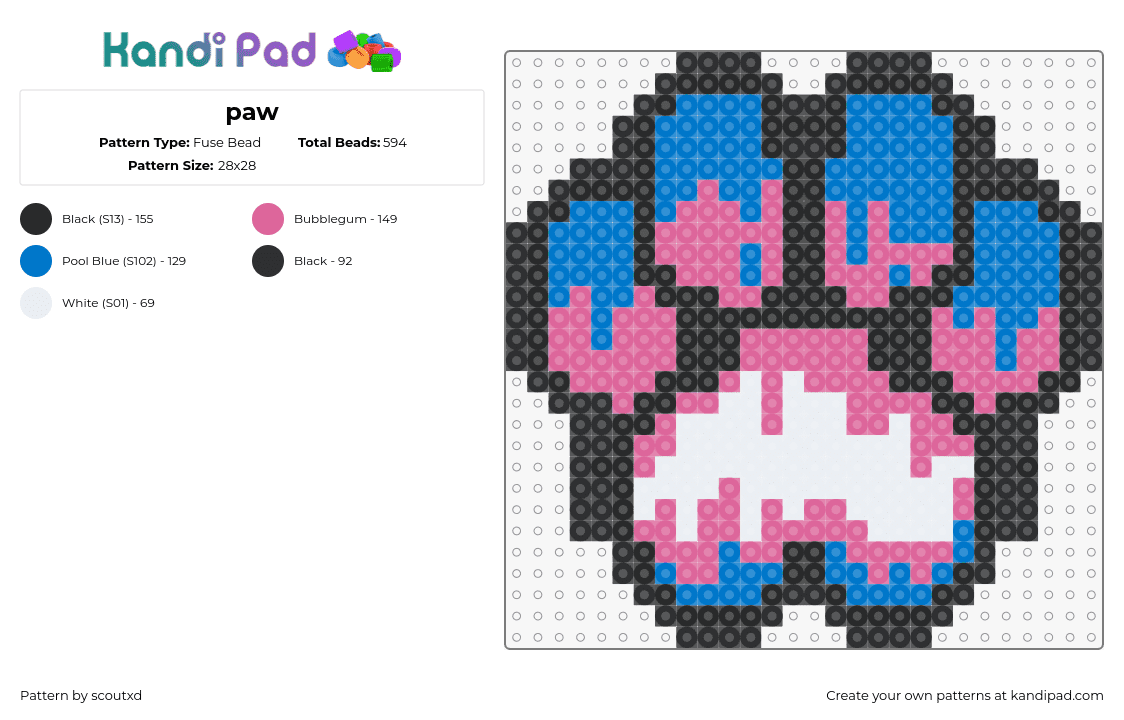 paw - Fuse Bead Pattern by scoutxd on Kandi Pad - paw,transgender,pride,blue,pink,white