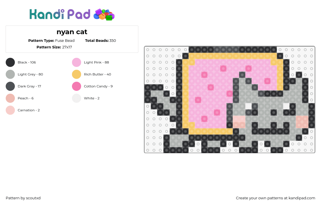 nyan cat - Fuse Bead Pattern by scoutxd on Kandi Pad - nyan cat,meme,poptart,cute,gray,pink