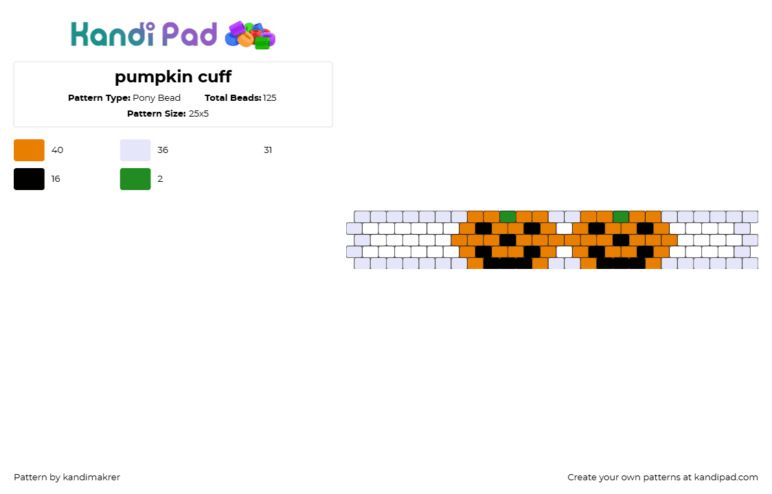 pumpkin cuff - Pony Bead Pattern by kandimakrer on Kandi Pad - pumpkins,jackolantern,bracelet,cuff,halloween,festive,smile,cute,orange,white