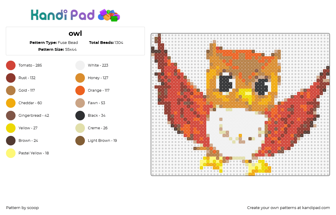 owl - Fuse Bead Pattern by scoop on Kandi Pad - owl,bird,animal,winged,orange,tan