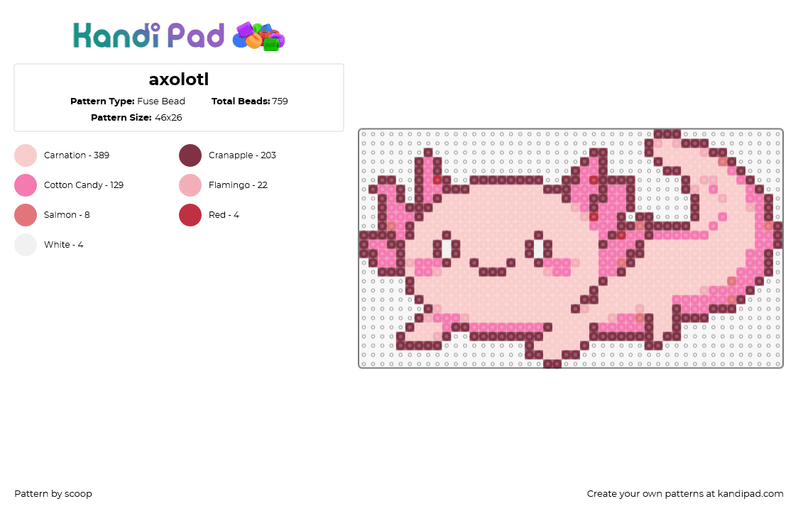 axolotl - Fuse Bead Pattern by scoop on Kandi Pad - axolotl,animal,cute,fish,smile,pink