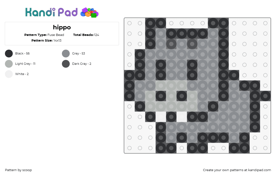 hippo - Fuse Bead Pattern by scoop on Kandi Pad - hippo,animal,cute,simple,gray