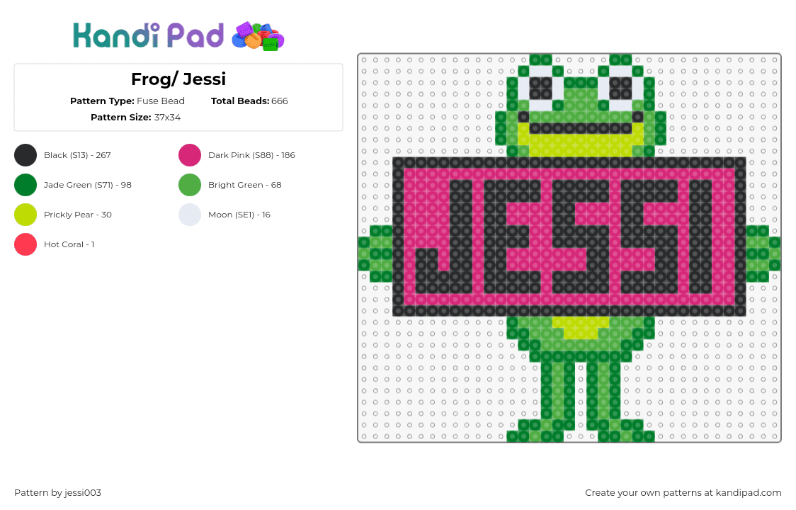 Frog/ Jessi - Fuse Bead Pattern by jessi003 on Kandi Pad - frog,sign,name,text,cute,animal,smile,amphibian,green,pink,black