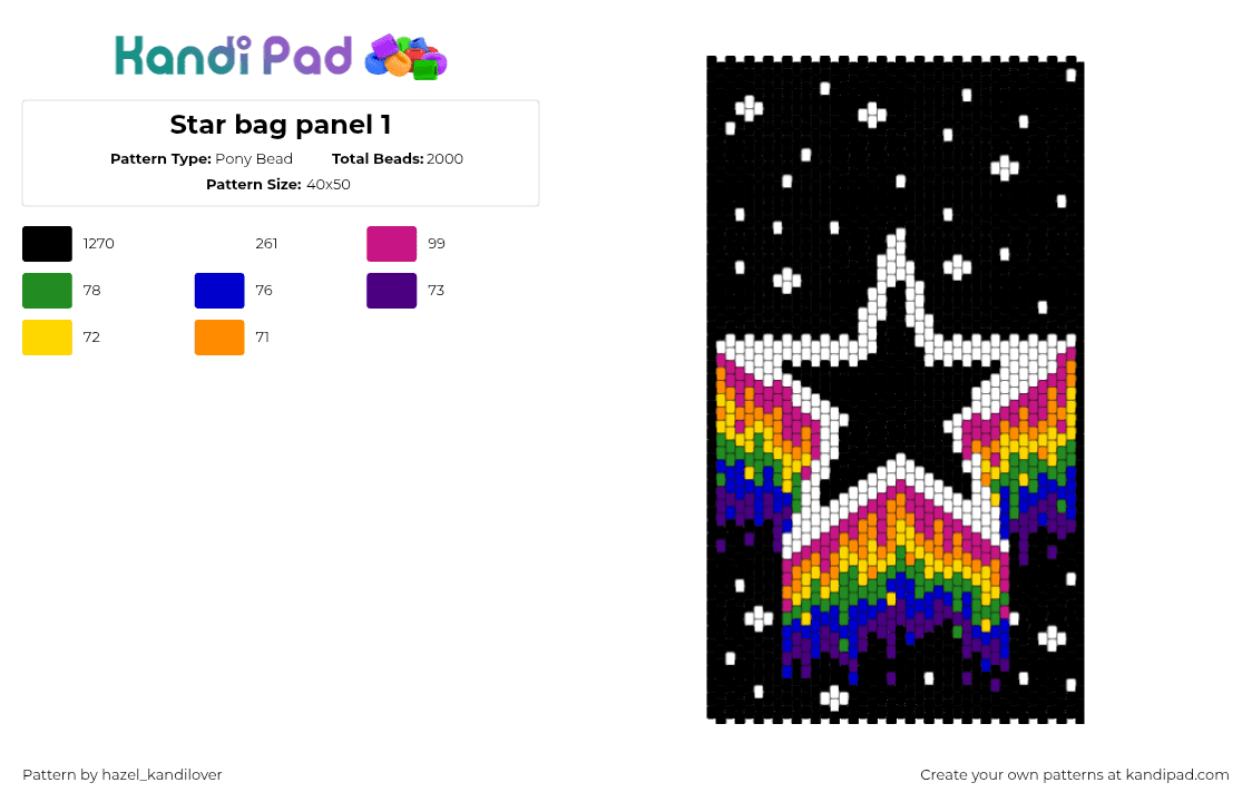 Star bag panel 1 - Pony Bead Pattern by hazel_kandilover on Kandi Pad - star,night,space,bag,panel,colorful,dark,black,white