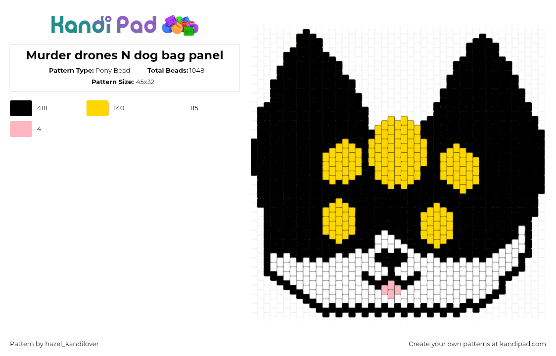 Murder drones N dog bag panel - Pony Bead Pattern by hazel_kandilover on Kandi Pad - n,murder drones,dog,mashup,animal,animation,tv show,black,white,yellow