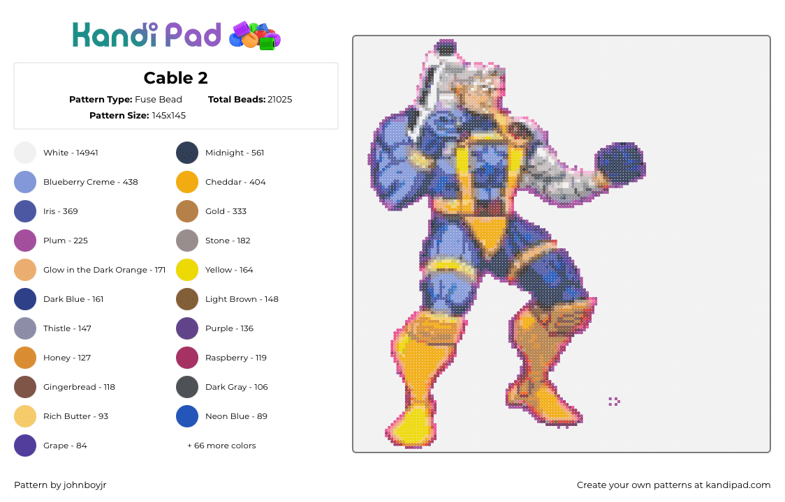 Cable 2 - Fuse Bead Pattern by johnboyjr on Kandi Pad - cable,xmen,character,marvel,comic,blue,yellow