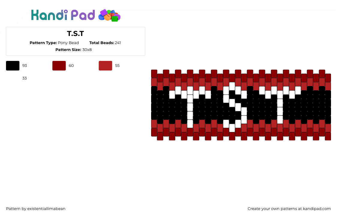 T.S.T - Pony Bead Pattern by existentiallimabean on Kandi Pad - tst,text,cuff,music,black,red,white