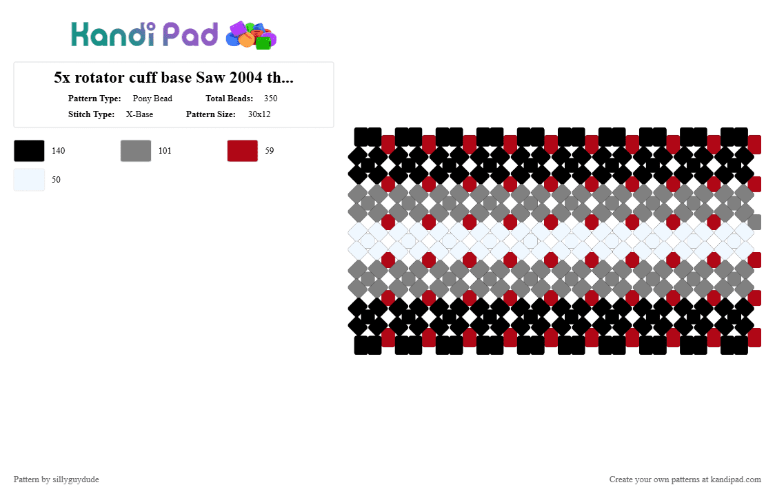 5x rotator cuff base Saw 2004 themed - Pony Bead Pattern by sillyguydude on Kandi Pad - red,gray