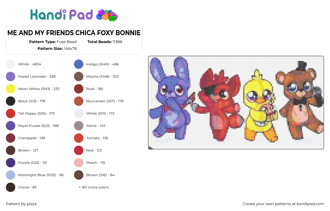 ME AND MY FRIENDS CHICA FOXY BONNIE - Fuse Bead Pattern by pizza on Kandi Pad - freddy,chica,foxy,bonnie,five nights at freddys,chibi,horror,video game,characters,cute,purple,red,yellow,brown