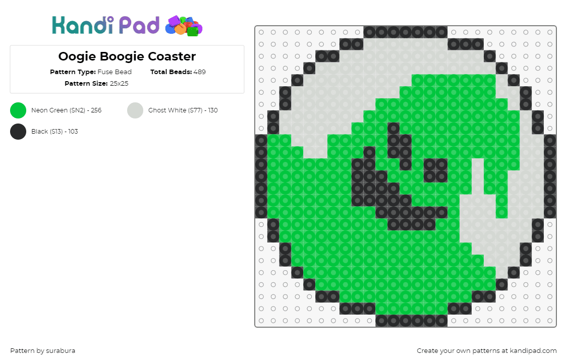 Oogie Boogie Coaster - Fuse Bead Pattern by surabura on Kandi Pad - oogie boogie,nightmare before christmas,character,coaster,movie,halloween,green,gray