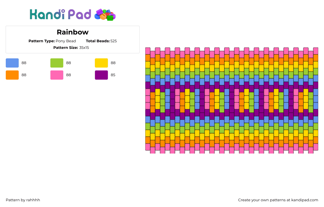 Rainbow - Pony Bead Pattern by rahhhh on Kandi Pad - neon,rainbow,bright,colorful,bag,panel,pink,blue,purple,yellow