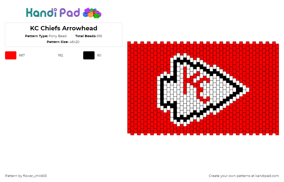 KC Chiefs Arrowhead - Pony Bead Pattern by flower_child03 on Kandi Pad - arrowhead,chiefs,kansas city,football,sports,team,red,white