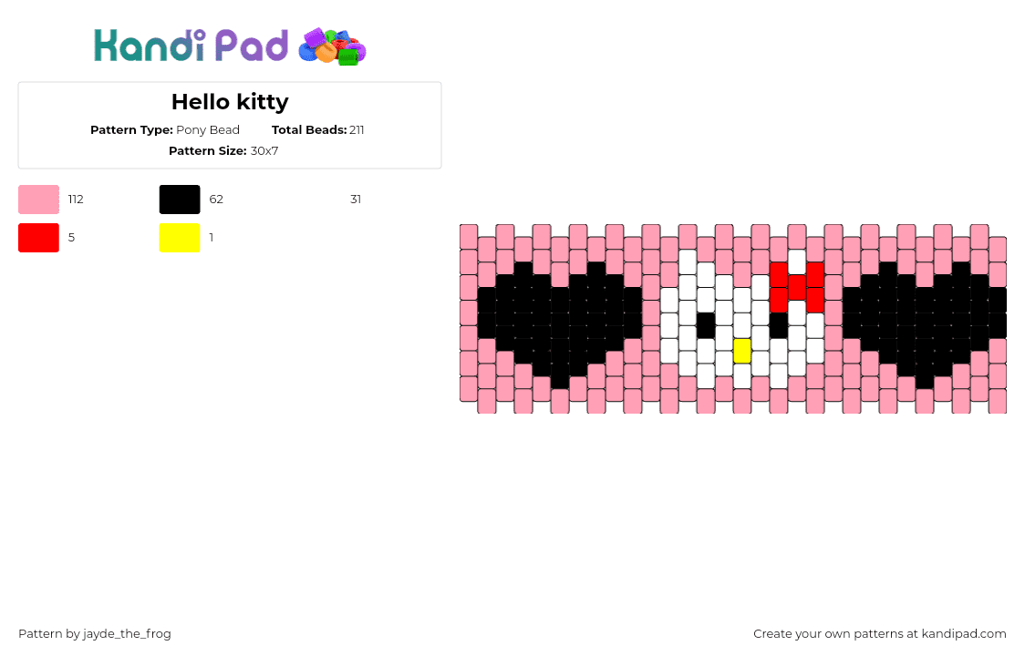 Hello kitty - Pony Bead Pattern by jayde_the_frog on Kandi Pad - hello kitty,hearts,sanrio,kawaii,cuff,pink,black,white