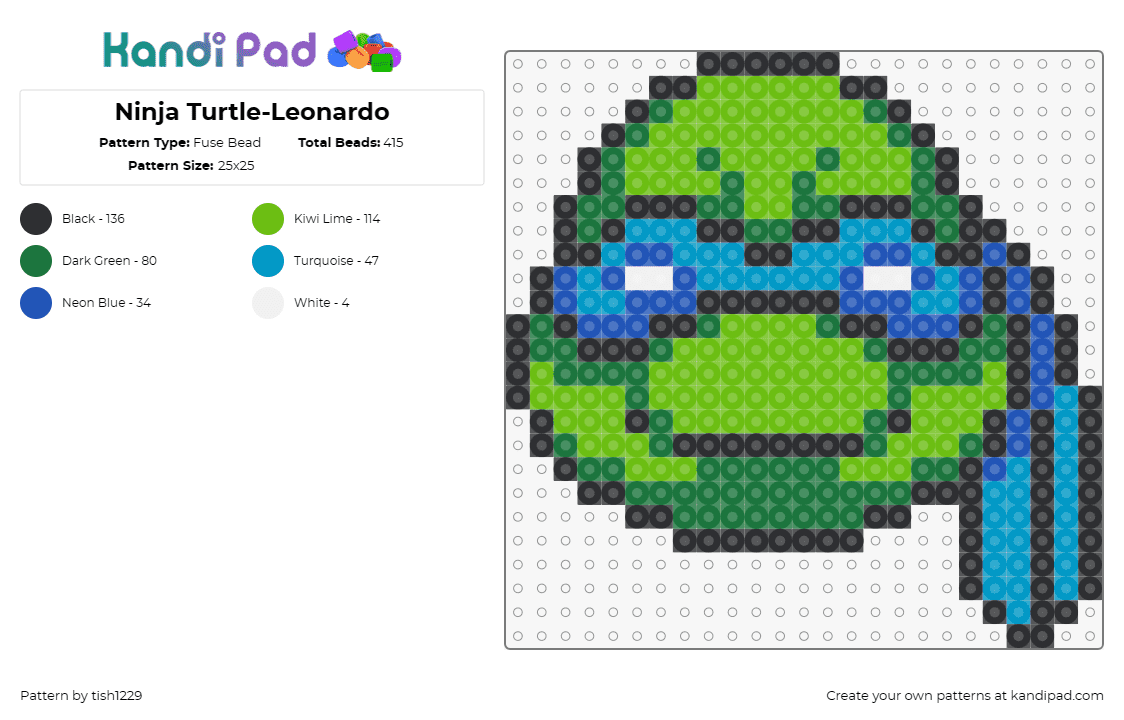 Ninja Turtle-Leonardo - Fuse Bead Pattern by tish1229 on Kandi Pad - leonardo,tmnt,teenage mutant ninja turtles,character,karate,cartoon,tv show,anim