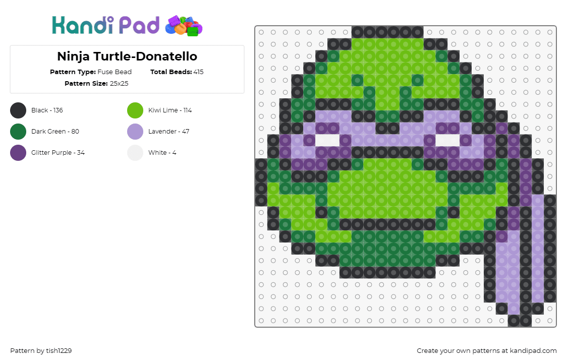 Ninja Turtle-Donatello - Fuse Bead Pattern by tish1229 on Kandi Pad - donatello,tmnt,teenage mutant ninja turtles,character,head,cartoon,tv show,animation,green,purple