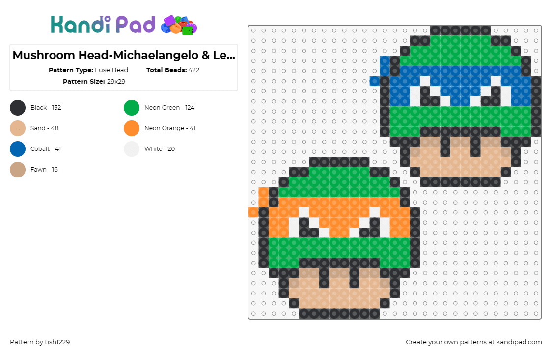 Mushroom Head-Michaelangelo & Leonardo - Fuse Bead Pattern by tish1229 on Kandi Pad - tmnt,teenage mutant ninja turtles,mario,mushroom,nintendo,michelangelo,leonardo,