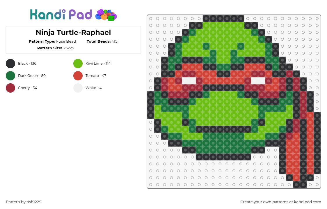 Ninja Turtle-Raphael - Fuse Bead Pattern by tish1229 on Kandi Pad - raphael,tmnt,teenage mutant ninja turtles,character,karate,cartoon,tv show,anima