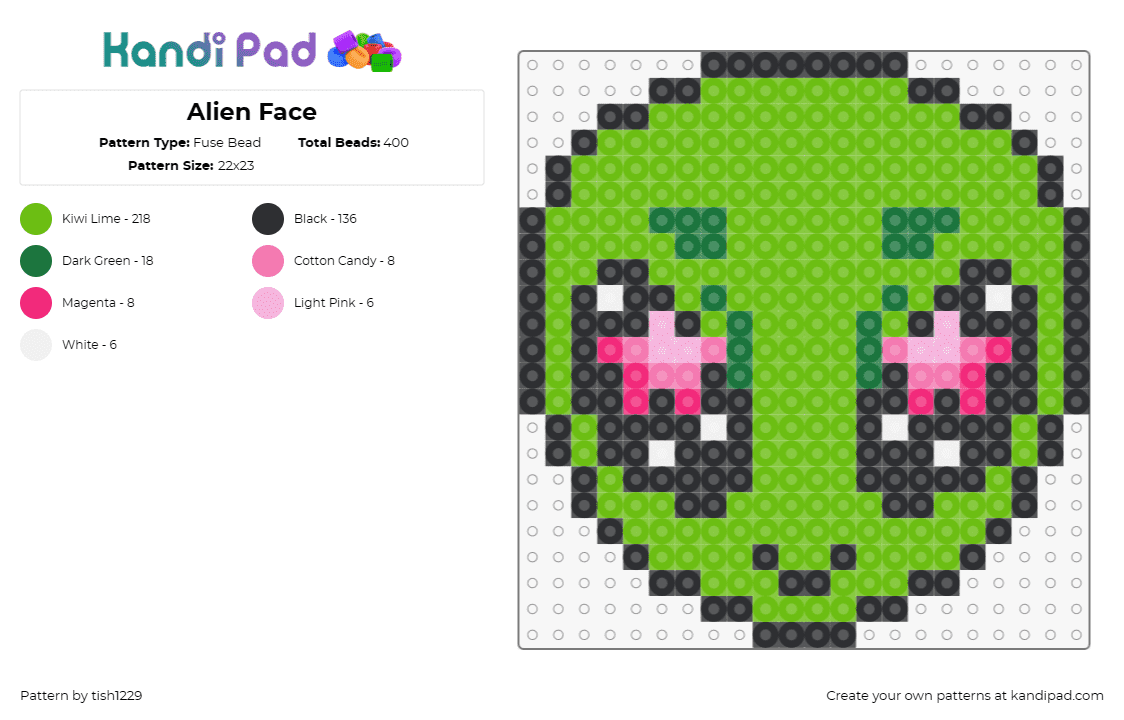 Alien Face - Fuse Bead Pattern by tish1229 on Kandi Pad - alien,extraterrestrial,space,cute,happy,green,pink