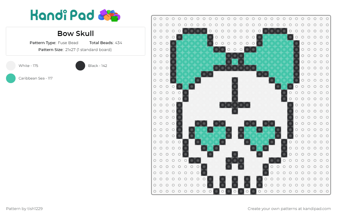 Bow Skull - Fuse Bead Pattern by tish1229 on Kandi Pad - skull,bow,skeleton,hearts,eyes,death,cute,white,teal
