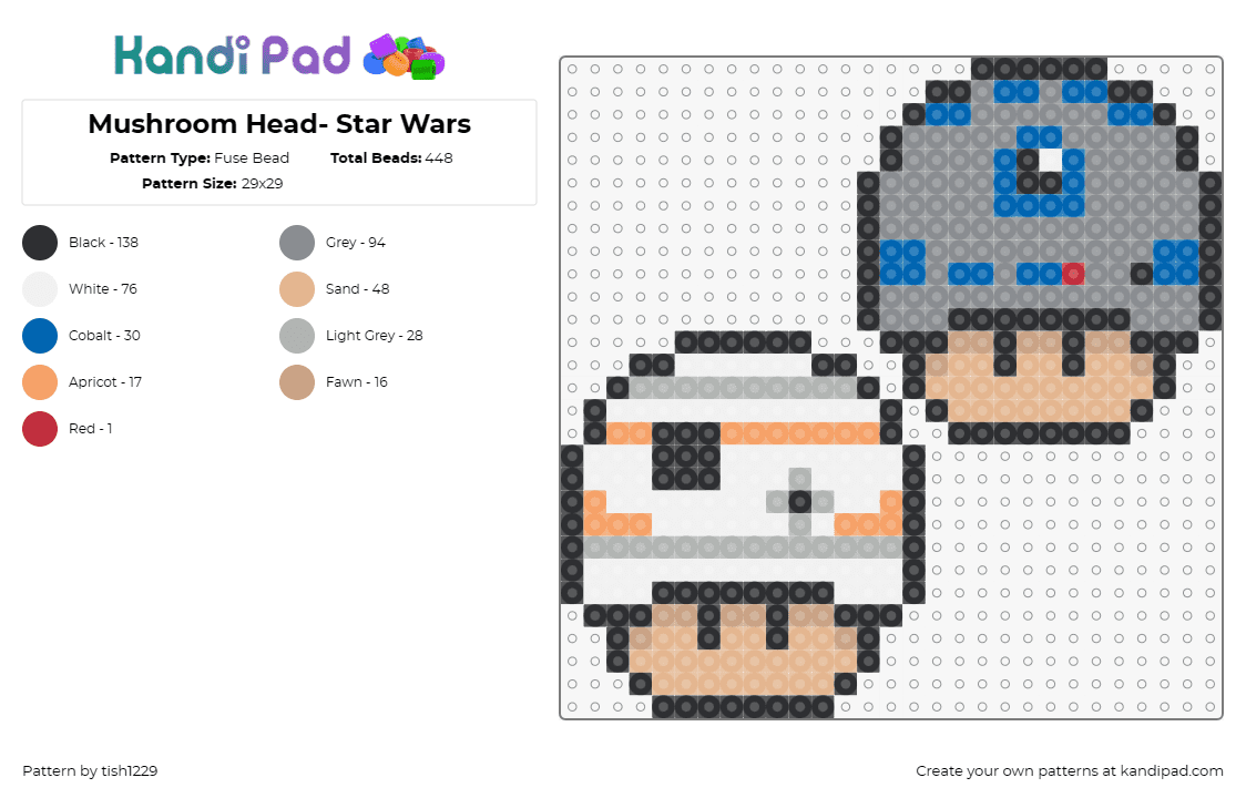 Mushroom Head- Star Wars - Fuse Bead Pattern by tish1229 on Kandi Pad - r2d2,droid,star wars,mario,scifi,nintendo,mushroom,white,gray,tan