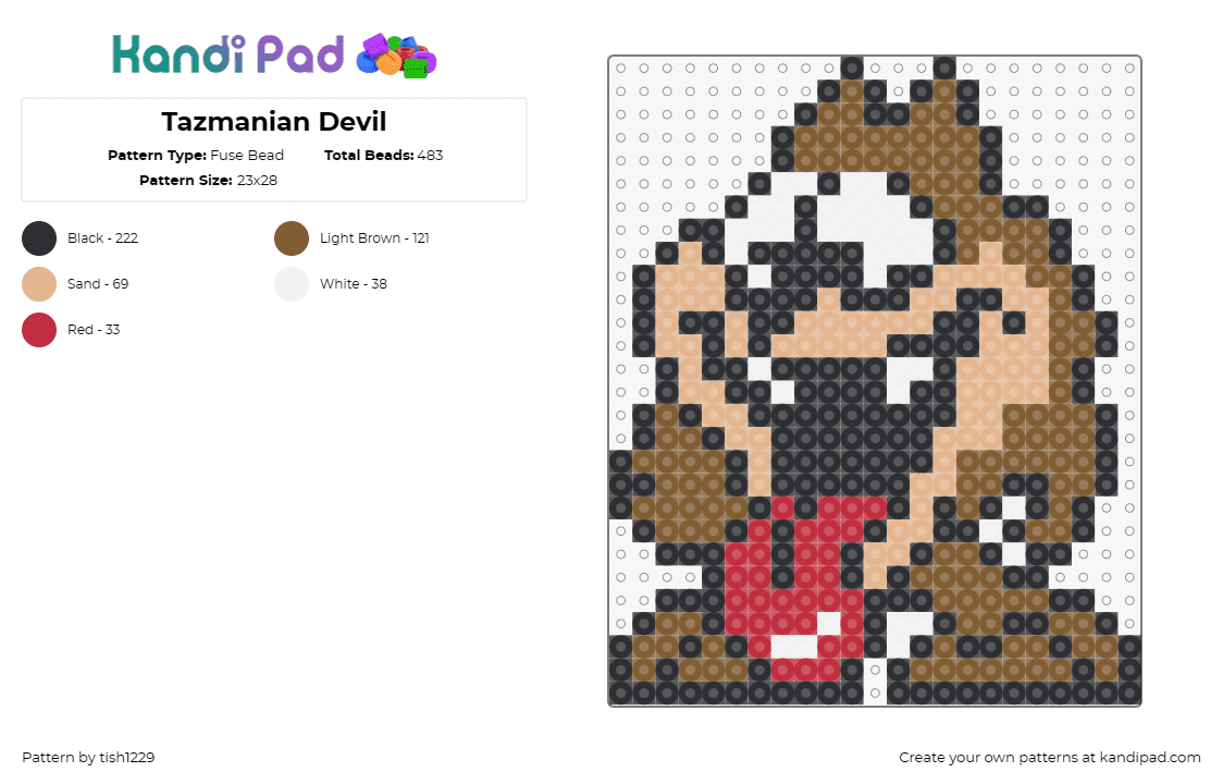 Tazmanian Devil - Fuse Bead Pattern by tish1229 on Kandi Pad - taz,tazmanian devil,looney tunes,cute,cartoon,classic,crazy,character,brown,tan