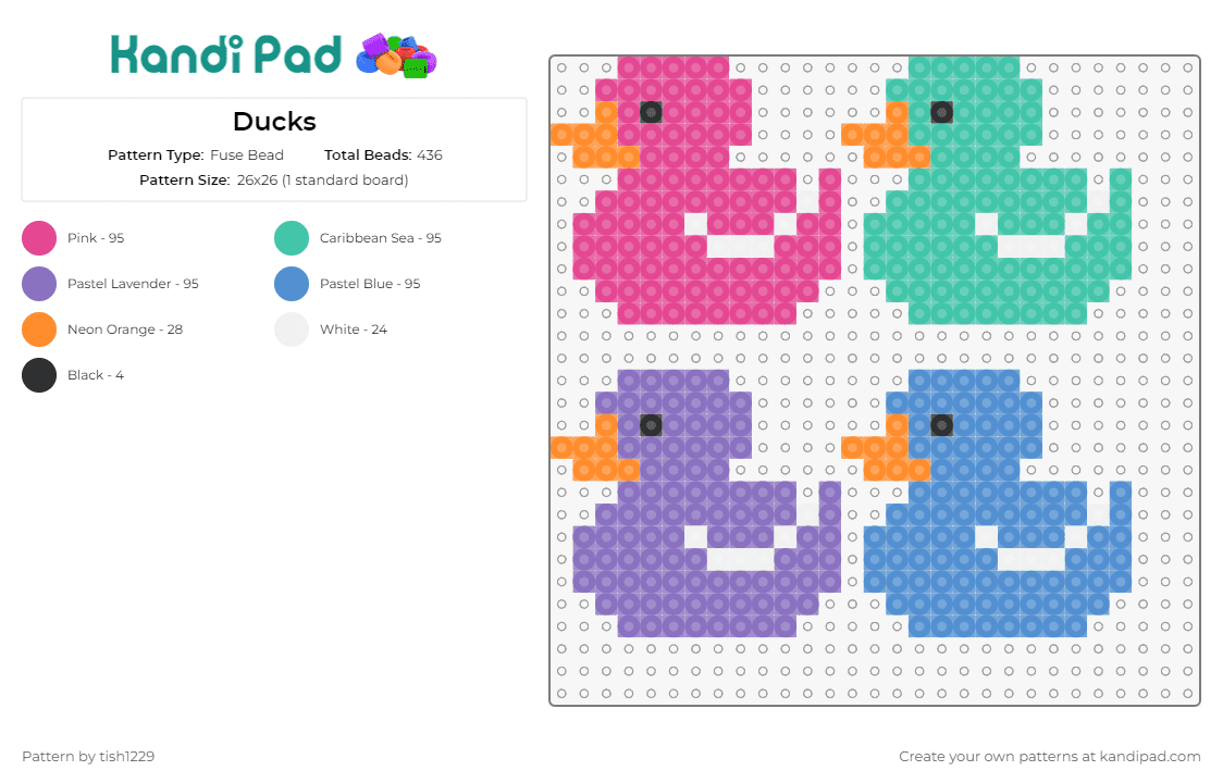 Ducks - Fuse Bead Pattern by tish1229 on Kandi Pad - duck,animal,quartet,charming,colorful,joy,simplicity,theme,playful,pink,green,blue,purple