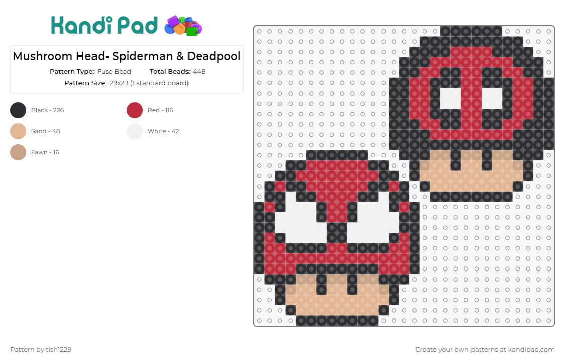 Mushroom Head- Spiderman & Deadpool - Fuse Bead Pattern by tish1229 on Kandi Pad - spiderman,deadpool,mario,video game,marvel,nintendo,mushroom,hero,red,tan