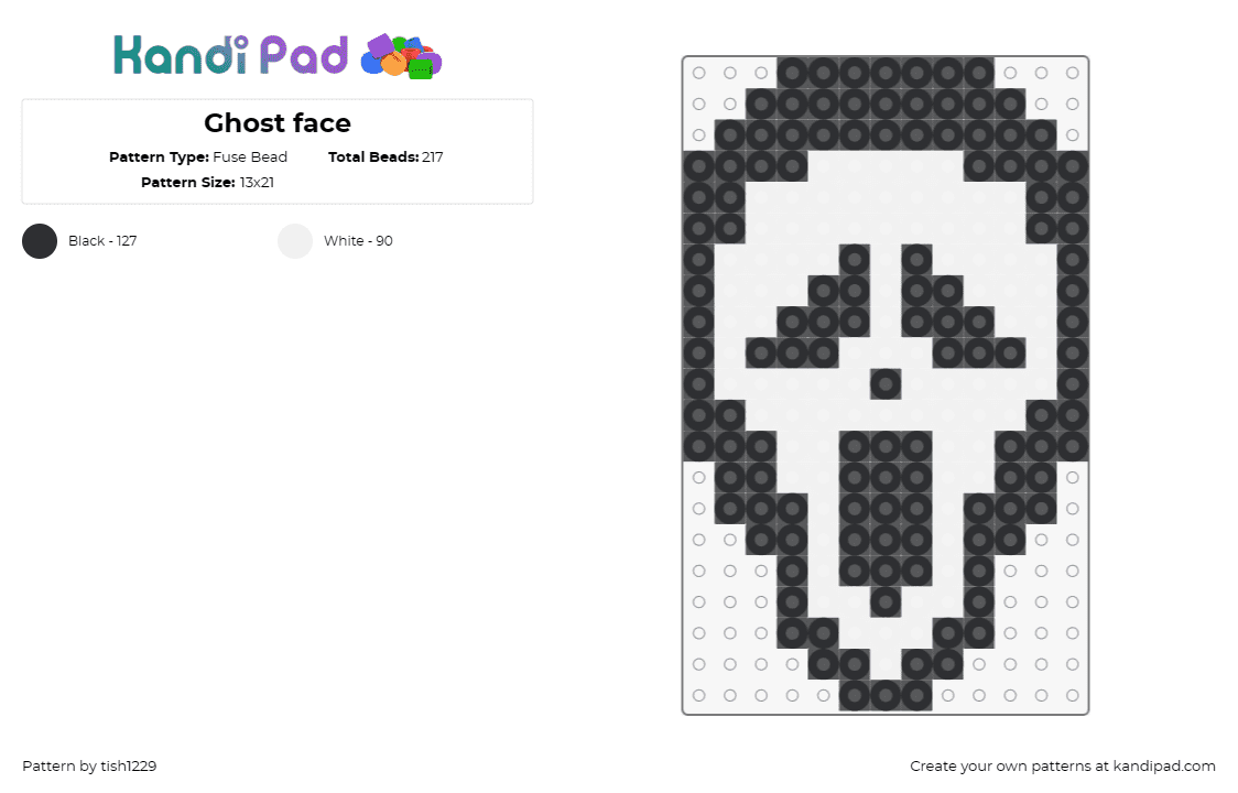 Ghost face - Fuse Bead Pattern by tish1229 on Kandi Pad - ghostface,scream,mask,horror,spooky,halloween,character,white,black