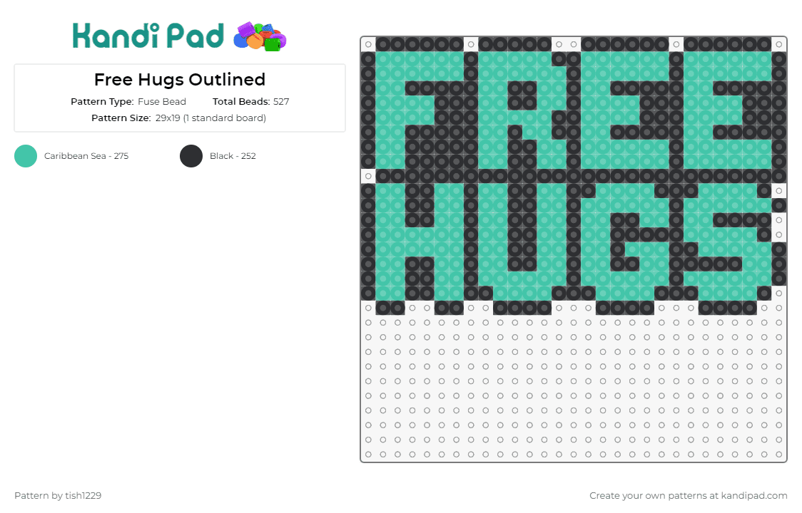 Free Hugs Outlined - Fuse Bead Pattern by tish1229 on Kandi Pad - free hugs,text,bold,sign,love,affection,teal,green,black