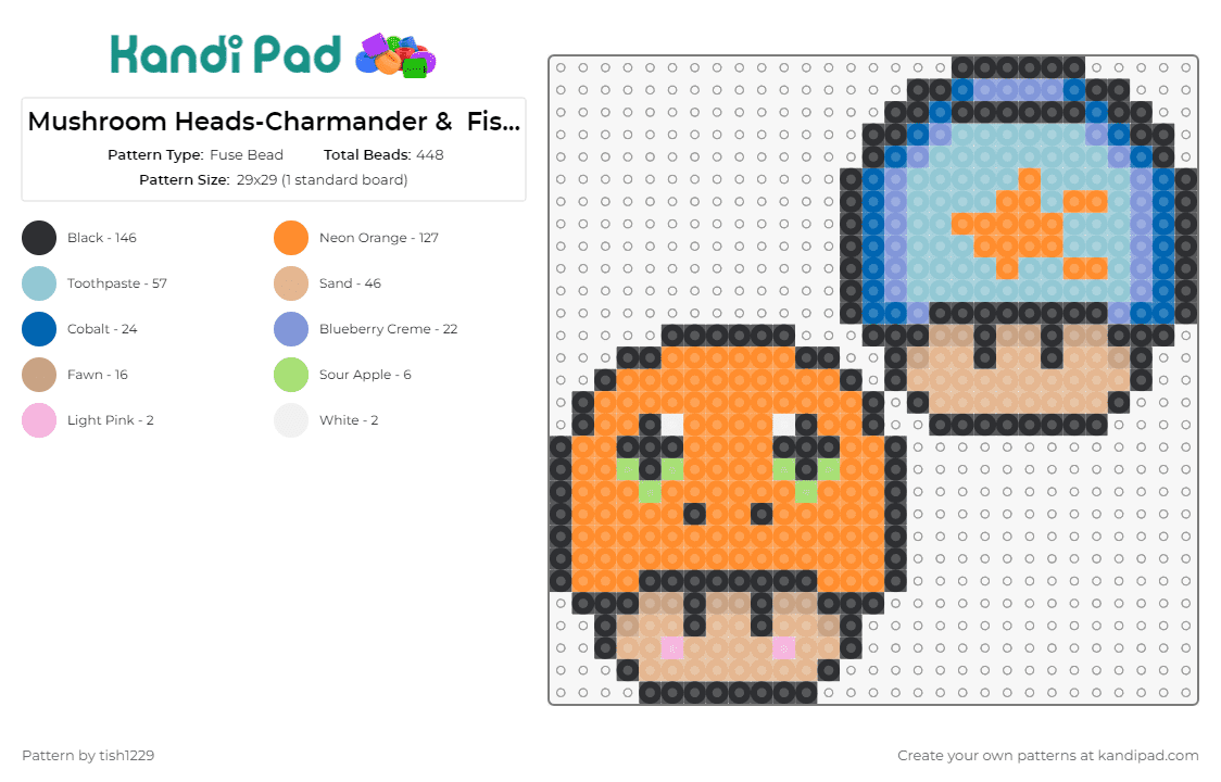 Mushroom Heads-Charmander &  Fishbowl - Fuse Bead Pattern by tish1229 on Kandi Pad - charmander,mario,fish bowl,nintendo,pokemon,video game,mushroom,orange,tan,blue