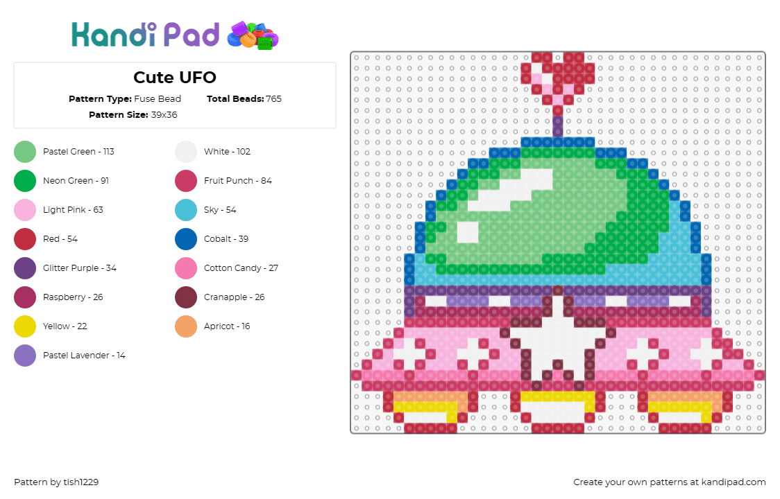 Cute UFO - Fuse Bead Pattern by tish1229 on Kandi Pad - ufo,flying saucer,alien,colorful,cute,space,extraterrestrial,star,pink,green,tea