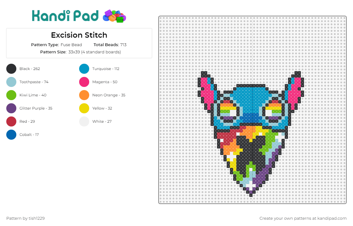 Excision Stitch - Fuse Bead Pattern by tish1229 on Kandi Pad - stitch,excision,bandana,trippy,rainbow,masked,character,disney,festival,rave,colorful,blue
