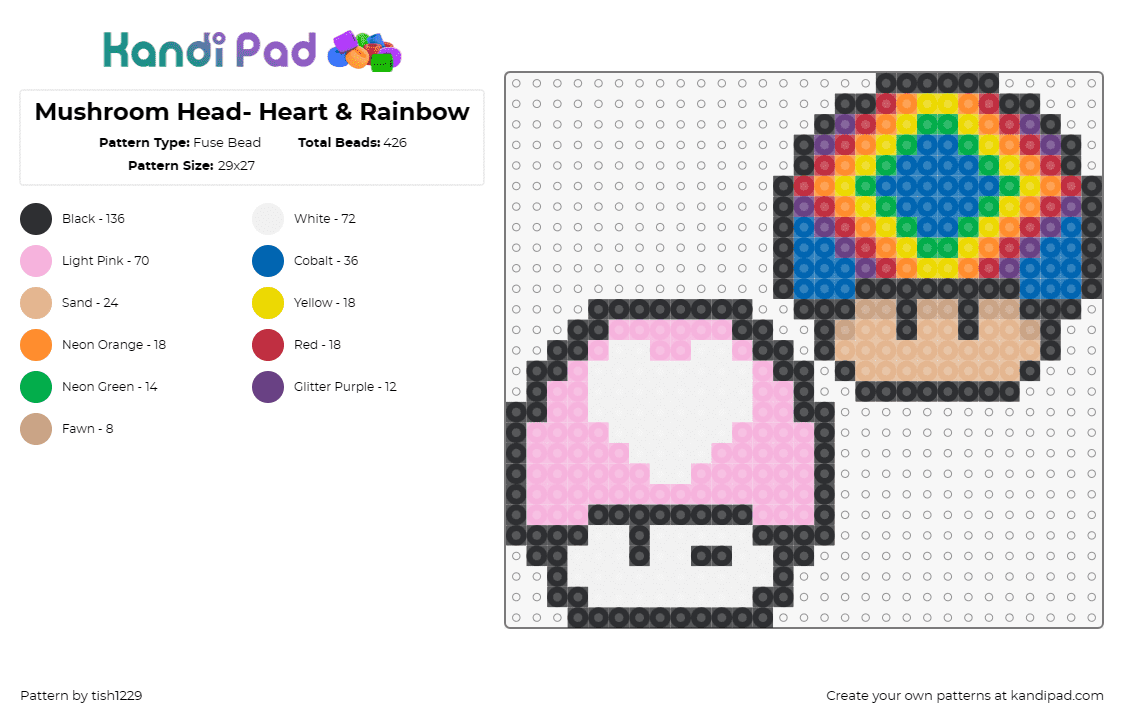 Mushroom Head- Heart & Rainbow - Fuse Bead Pattern by tish1229 on Kandi Pad - mario,mushroom,heart,colorful,nintendo,video game,pink,white,blue