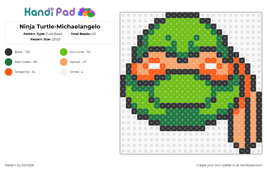 Ninja Turtle-Michaelangelo - Fuse Bead Pattern by tish1229 on Kandi Pad - michelangelo,tmnt,teenage mutant ninja turtles,character,karate,cartoon,tv show,