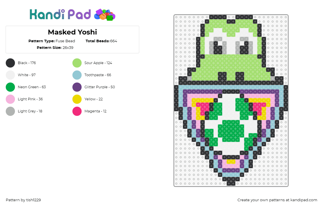 Masked Yoshi - Fuse Bead Pattern by tish1229 on Kandi Pad - yoshi,mario,egg,nintendo,mask,playful,rave,dinosaur,green