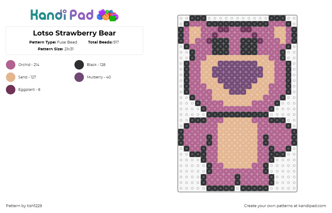 Lotso Strawberry Bear - Fuse Bead Pattern by tish1229 on Kandi Pad - lotso,teddy,bear,toy story,cartoon,cute,movie,character,purple