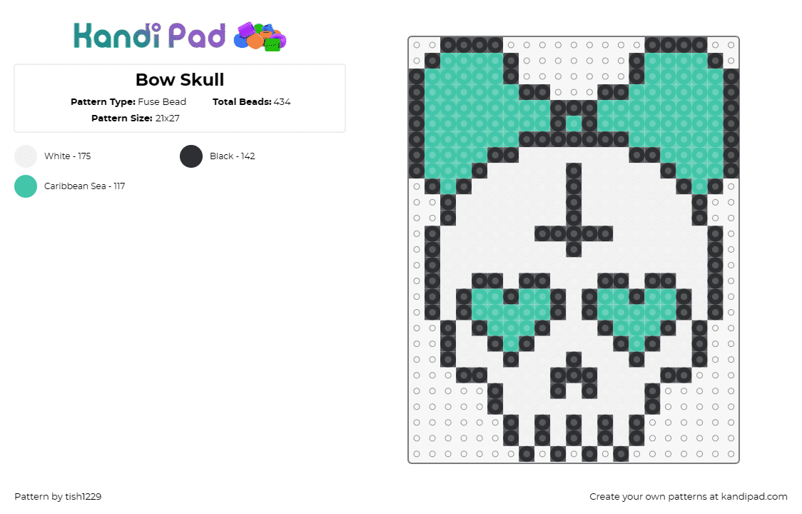 Bow Skull - Fuse Bead Pattern by tish1229 on Kandi Pad - skull,bow,skeleton,hearts,eyes,death,cute,white,teal