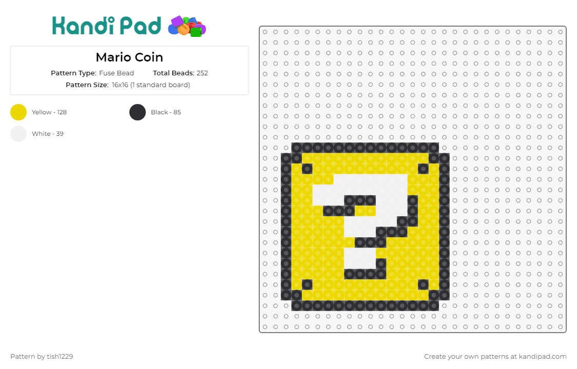 Mario Coin - Fuse Bead Pattern by tish1229 on Kandi Pad - mario,coin block,question mark,nintendo,video game,yellow,white