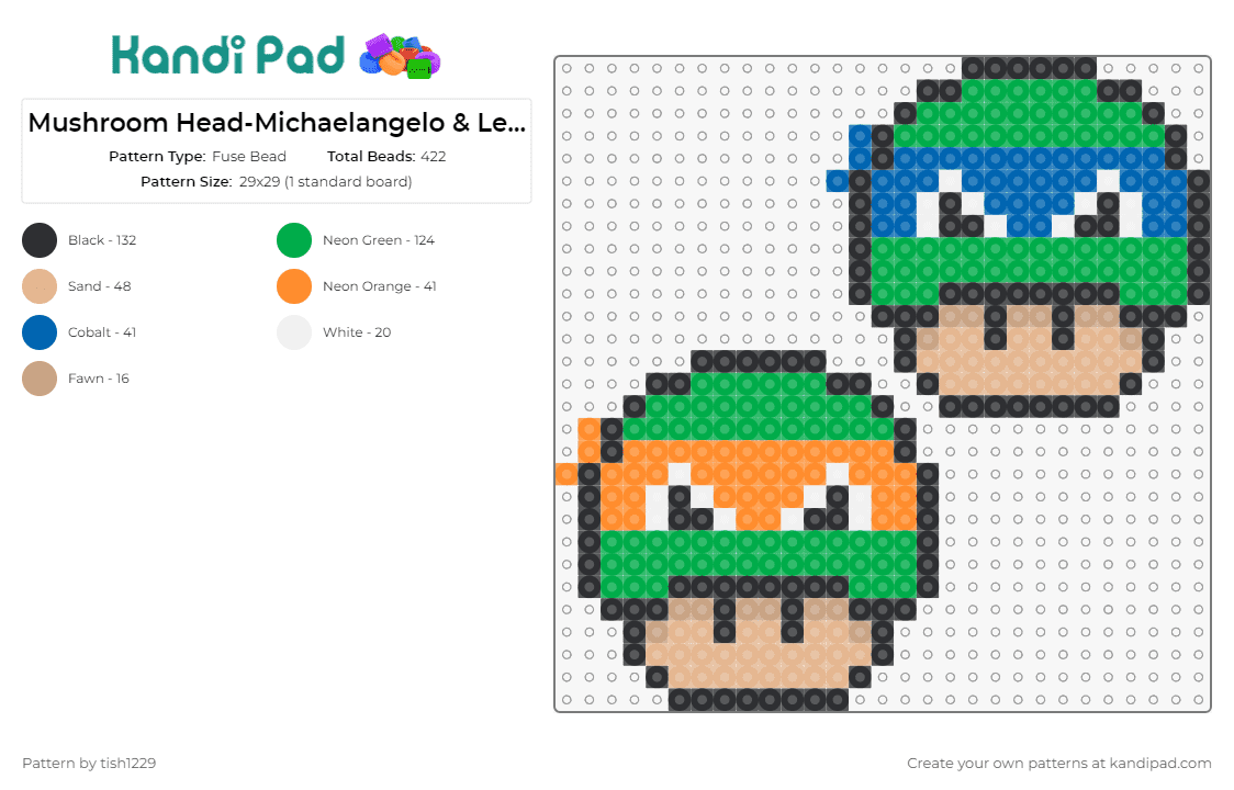 Mushroom Head-Michaelangelo & Leonardo - Fuse Bead Pattern by tish1229 on Kandi Pad - tmnt,teenage mutant ninja turtles,mario,mushroom,nintendo,michelangelo,leonardo,green,orange,blue,tan