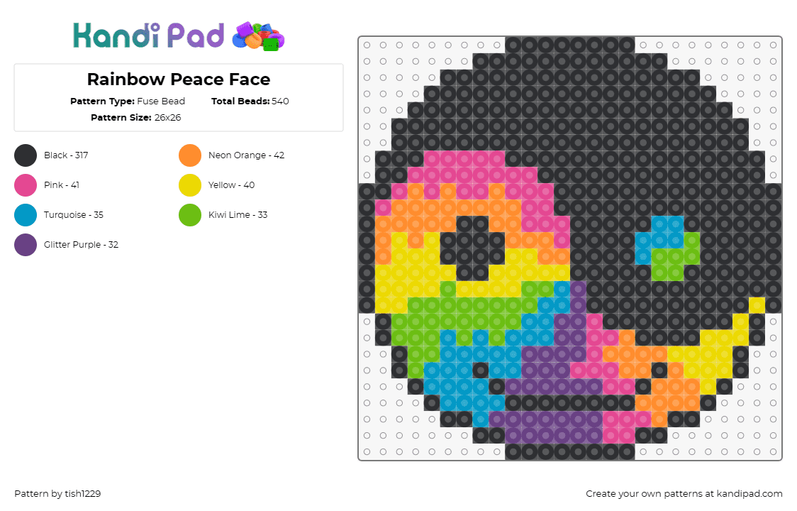 Rainbow Peace Face - Fuse Bead Pattern by tish1229 on Kandi Pad - yin yang,peace,face,rainbow,zen,colorful,black