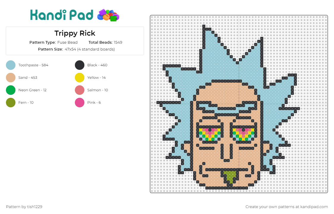 Trippy Rick - Fuse Bead Pattern by tish1229 on Kandi Pad - rick sanchez,rick and morty,trippy,psychedelic,drugs,character,tv show,animation,beige,light blue