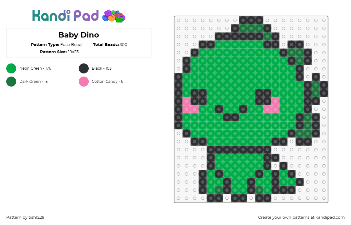 Baby Dino - Fuse Bead Pattern by tish1229 on Kandi Pad - dinosaur,cute,baby,blush,character,green