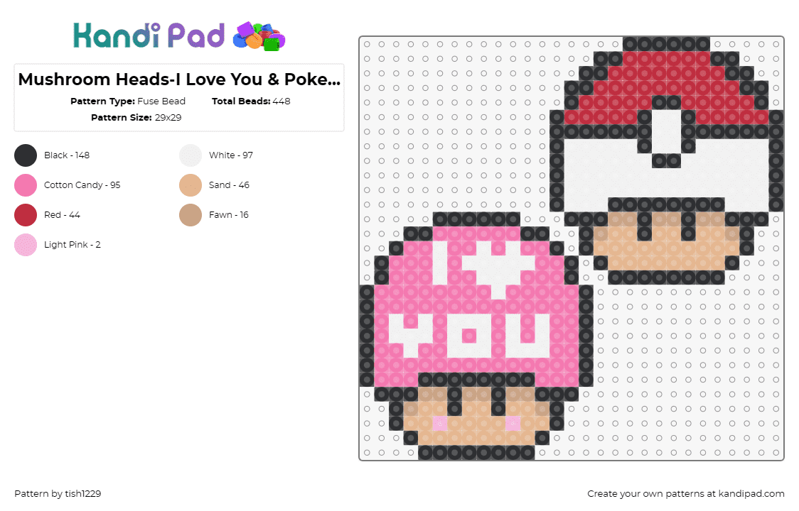 Mushroom Heads-I Love You & Pokeball - Fuse Bead Pattern by tish1229 on Kandi Pad - pokeball,love,mario,pokemon,video game,nintendo,mushroom,pink,tan,white