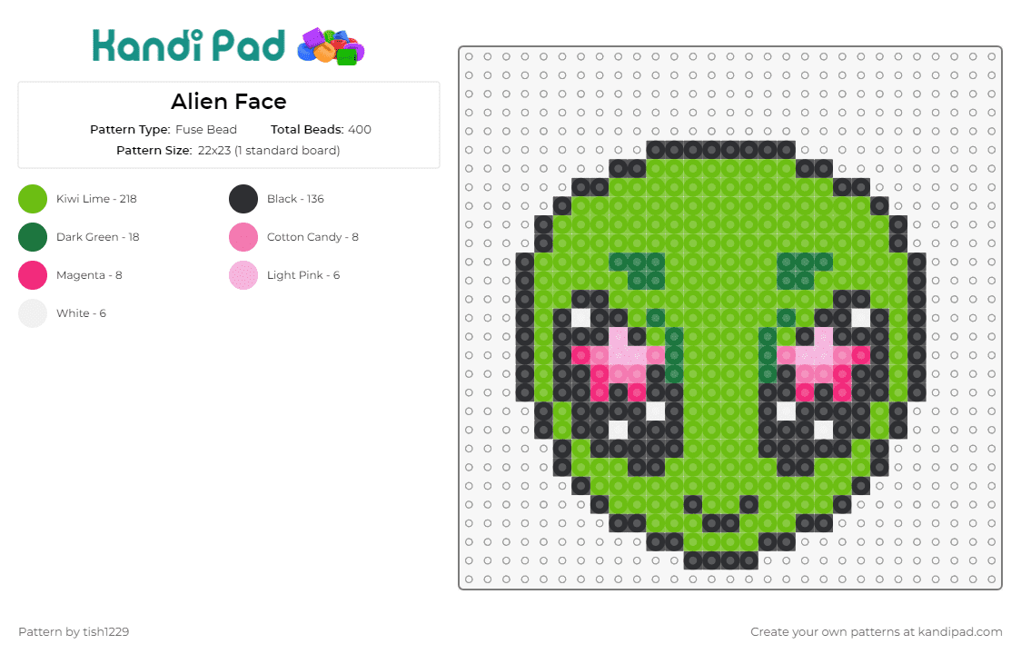 Alien Face - Fuse Bead Pattern by tish1229 on Kandi Pad - alien,extraterrestrial,space,cute,happy,green,pink