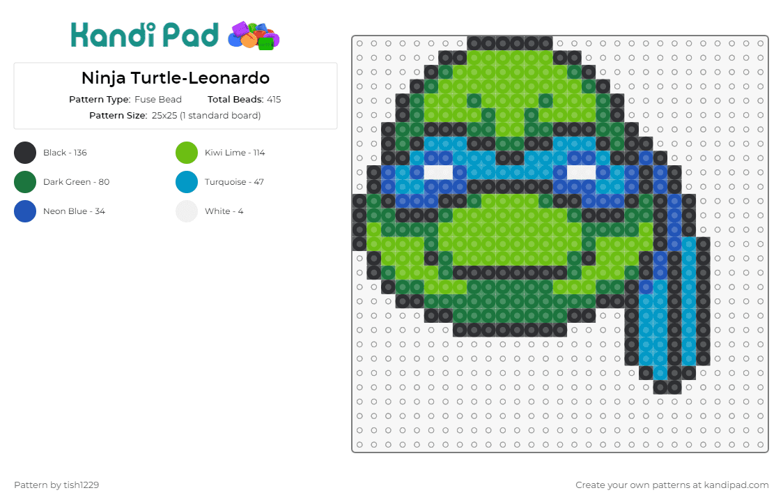 Ninja Turtle-Leonardo - Fuse Bead Pattern by tish1229 on Kandi Pad - leonardo,tmnt,teenage mutant ninja turtles,character,karate,cartoon,tv show,animation,green,blue
